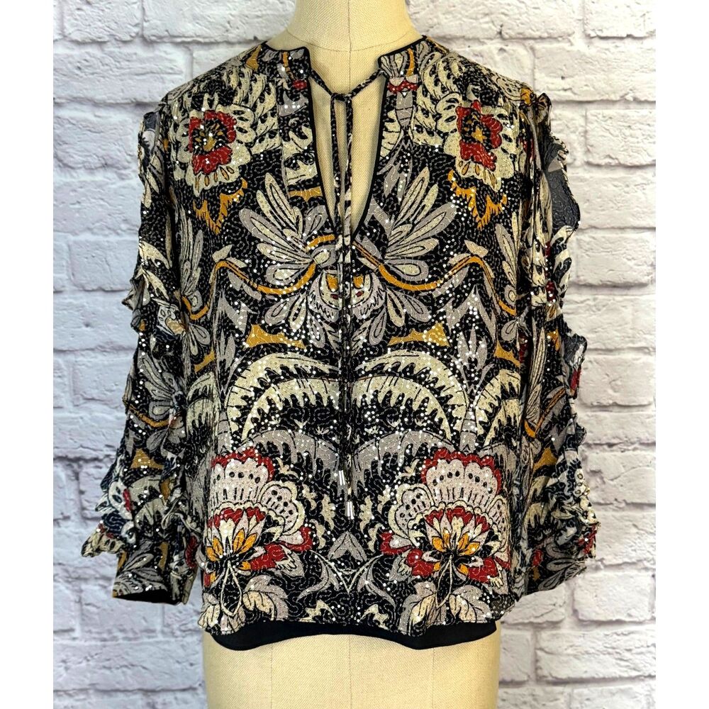 Anthropologie Ranna‎ Gill Womens XS Blouse Top Shirt Dressy Boho Tie Neck Sequin